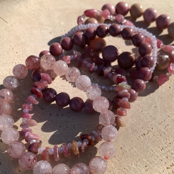 Natural Strawberry Quartz, Pink Rhodonite & Raw Tourmaline Gemstone Bracelets - Picture 10 of 15